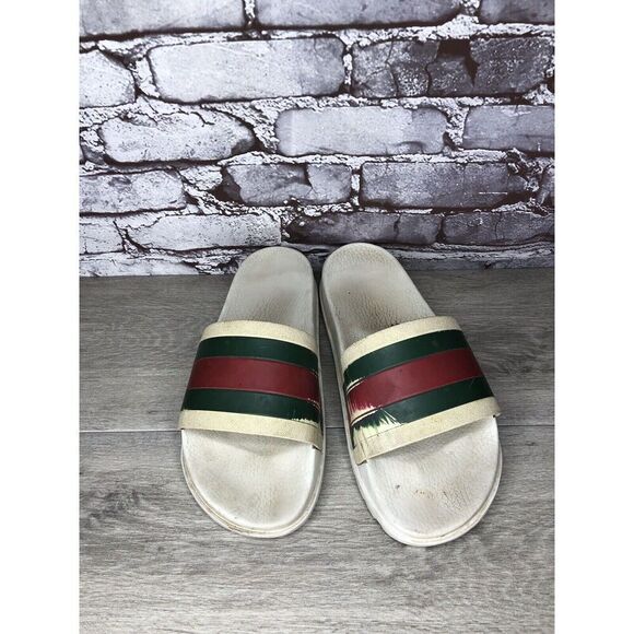 GUCCI Web White Rubber Logo Casual Slides Designer Sandals Men’s Sz 11M US/44EU - Picture 16 of 16